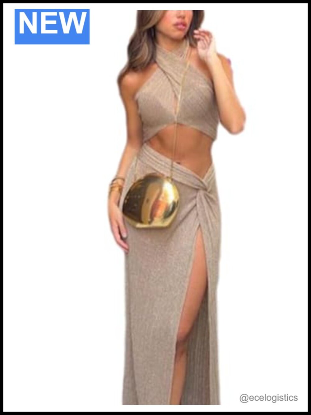 2 Piece Skirt Set Women Summer Halter Crop Top High Slit Maxi Skirt Knit